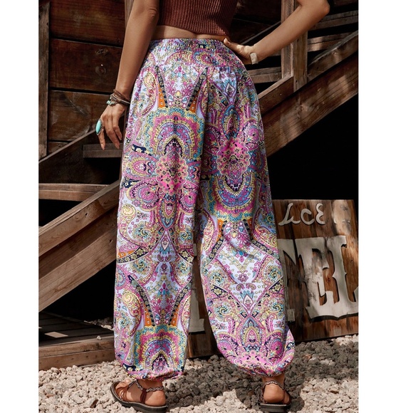 Boho Floral Print Stretchy Waist Jogger Pants - Picture 3 of 4